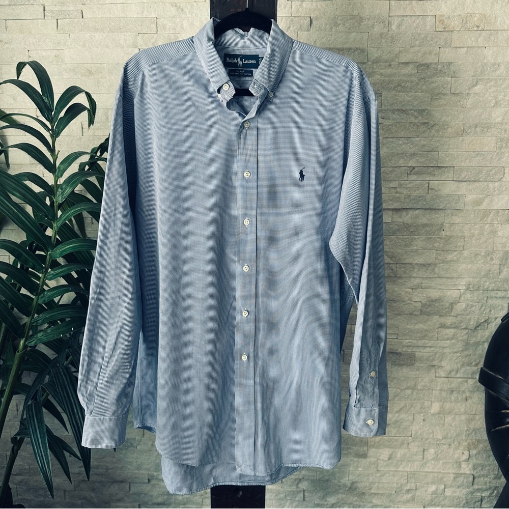 Ralph Lauren Blue Check Plaid “Blake” Two Ply Cotton Button Down Size M